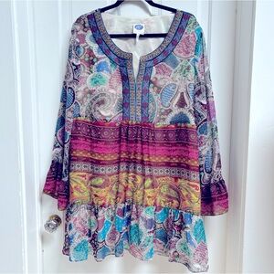 WOMENS PLUS SIZE DG2 DIANE GILMAN TUNIC  BLOUSE WITH COLORFUL GEOMETRIC PRINT